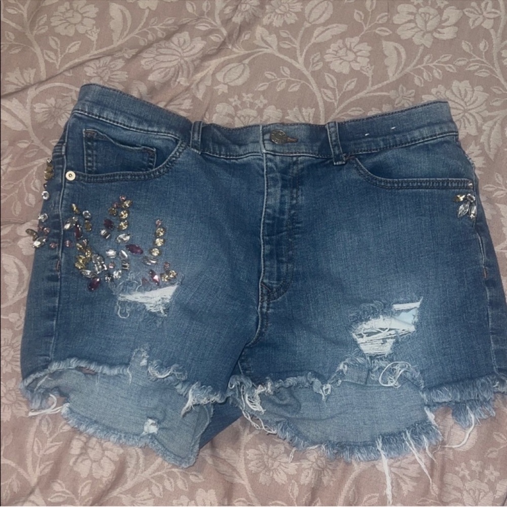 Express blue jean embellished shorts